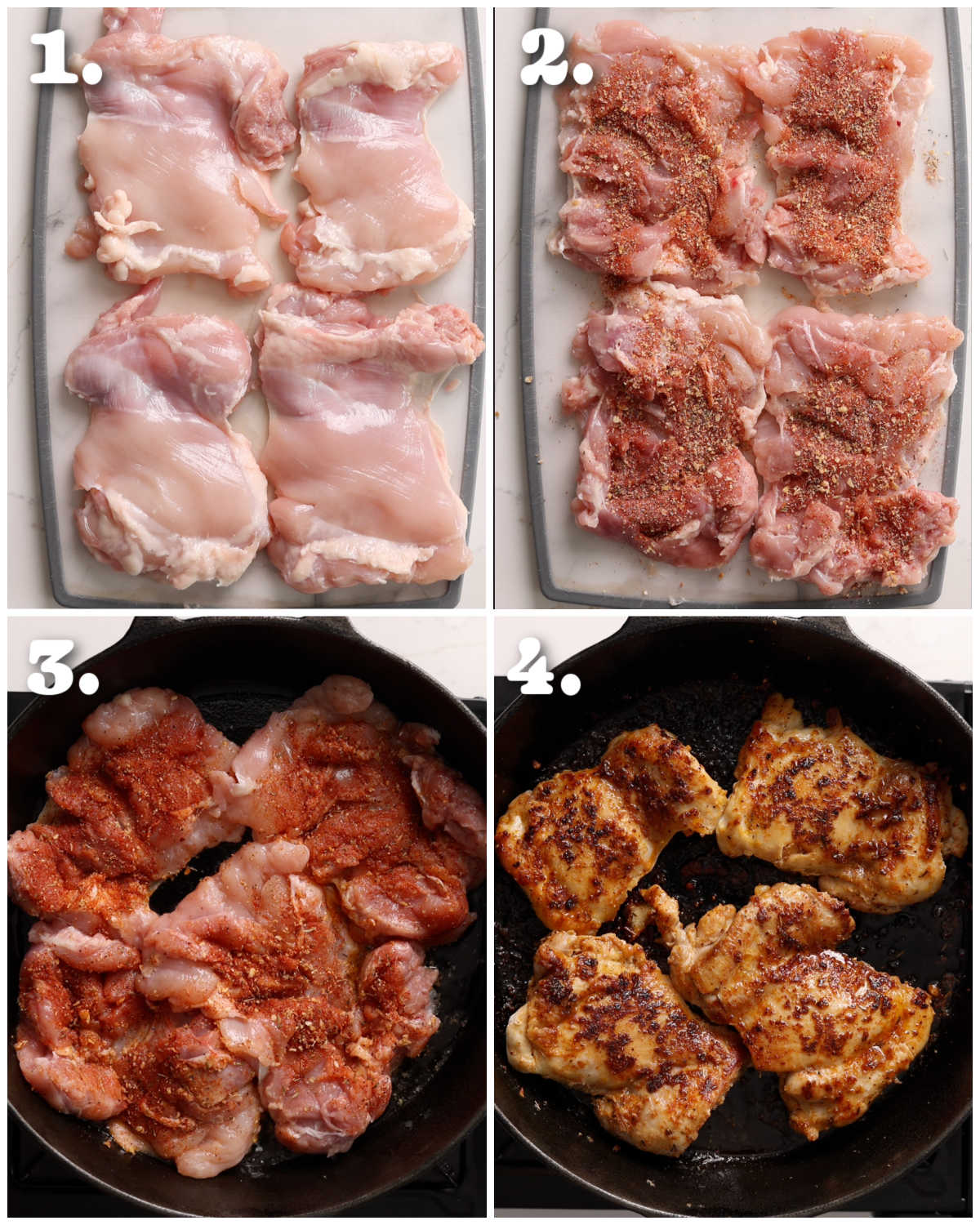 4 step by step photos showing how to prepare chicken thighs