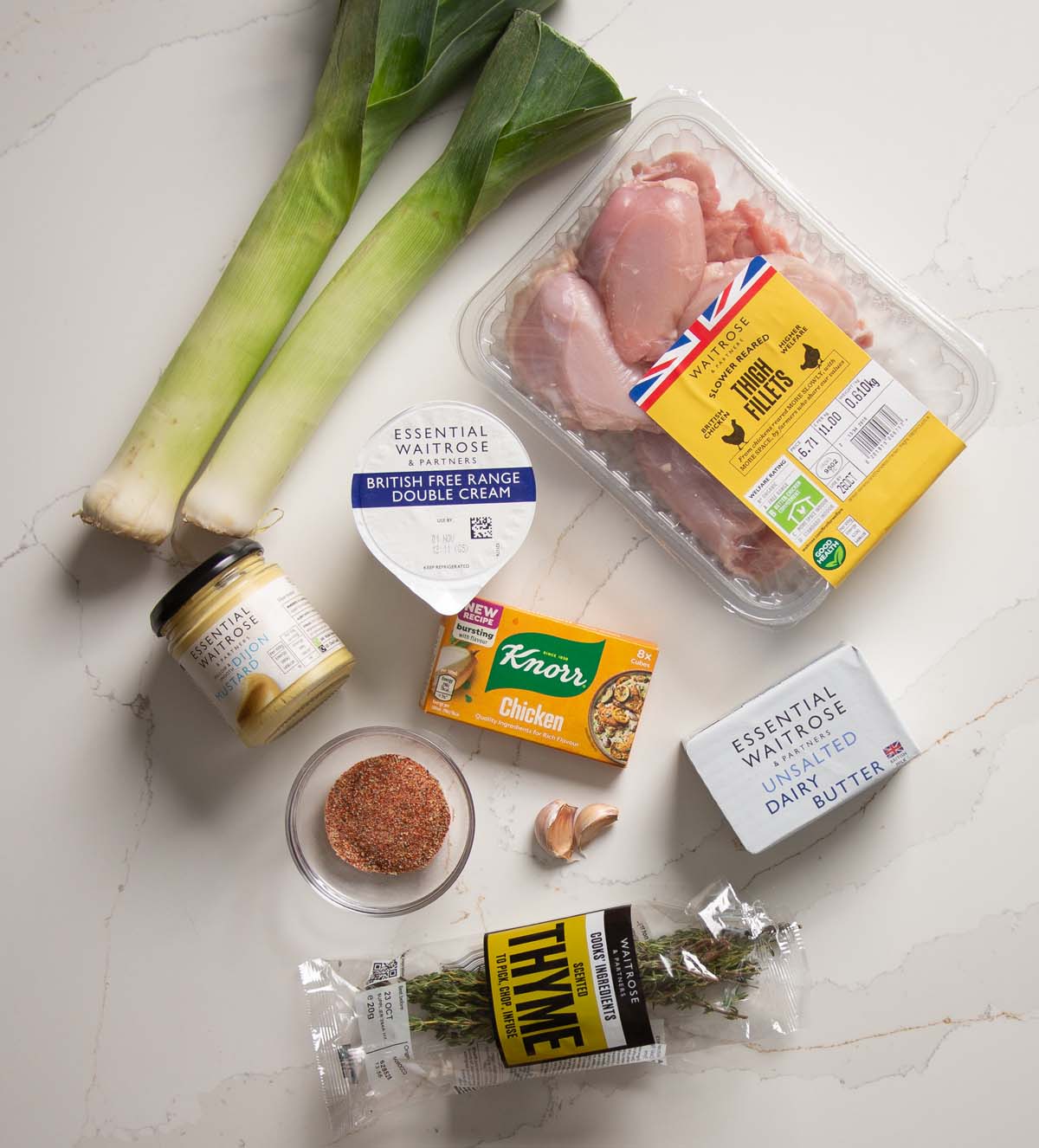 overhead shot of chicken and leeks ingredients
