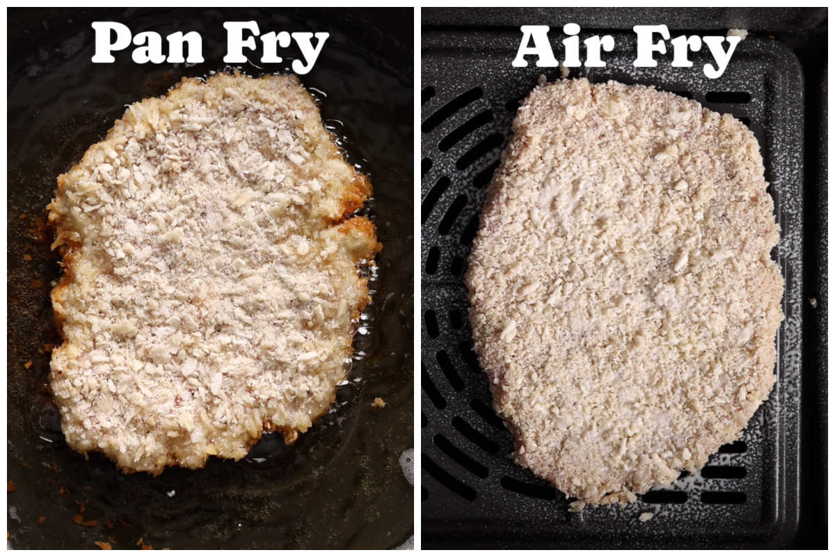 2 photos showing how to cook sausage schnitzels