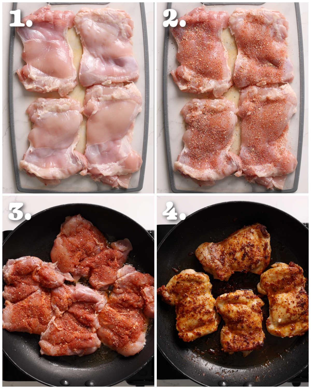 4 step by step photos showing how to fry chicken thighs