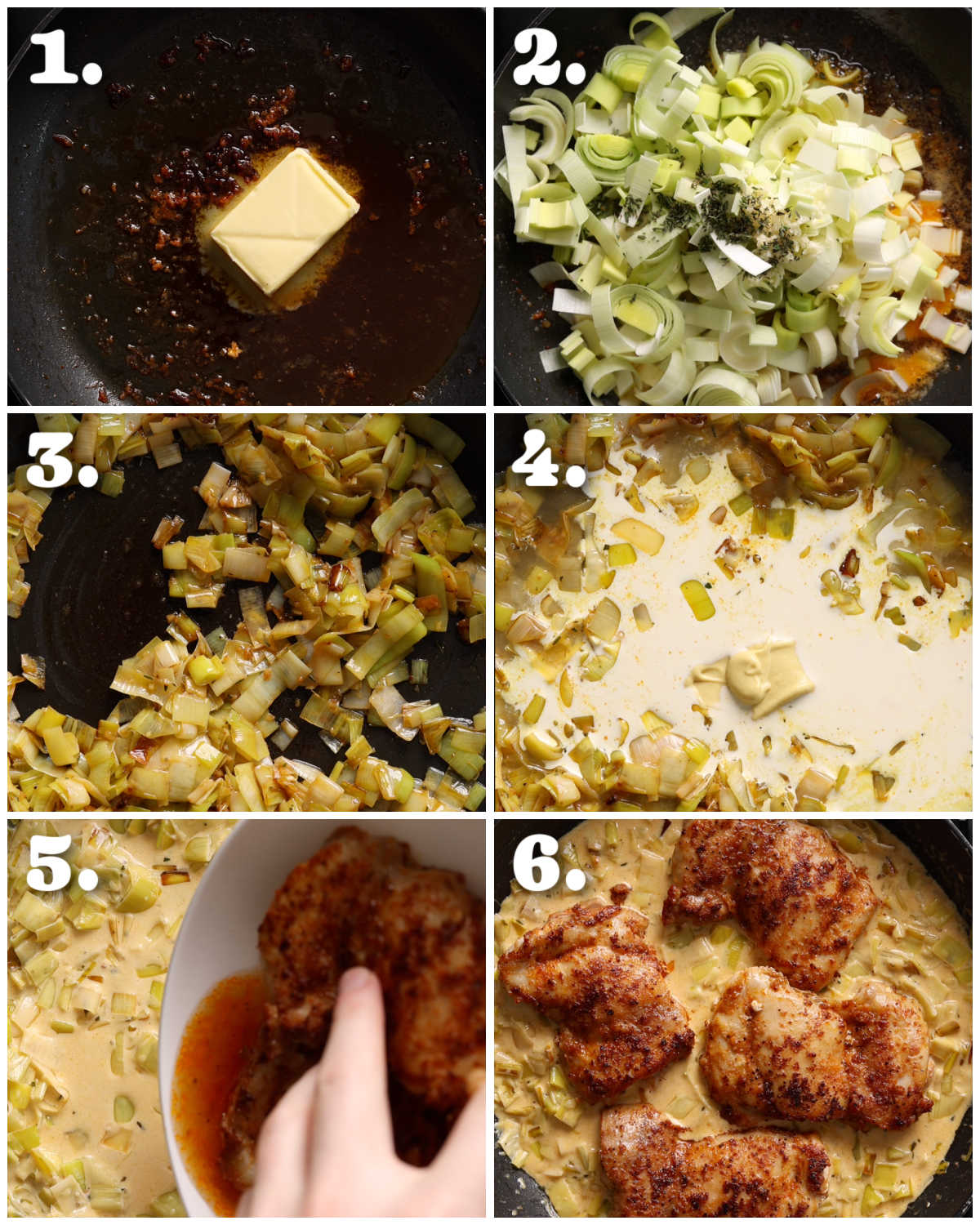 6 step by step photos showing how to make chicken and leeks