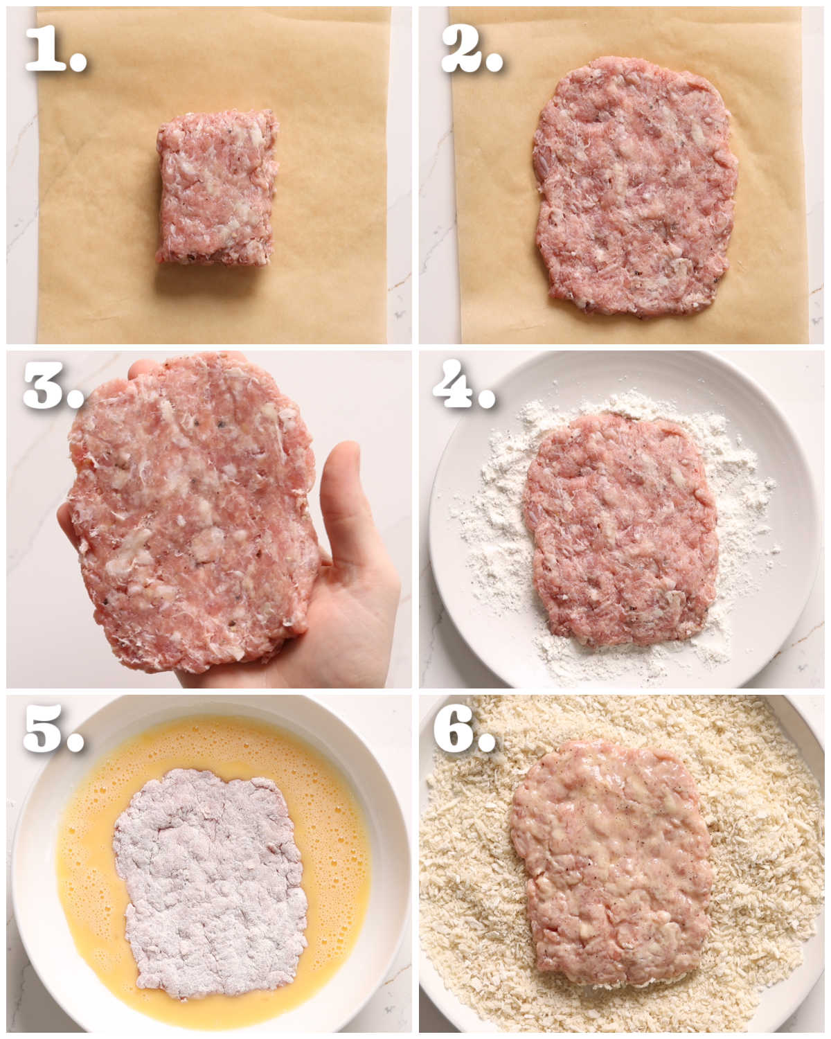 6 step by step photos showing how to prepare sausage schnitzels