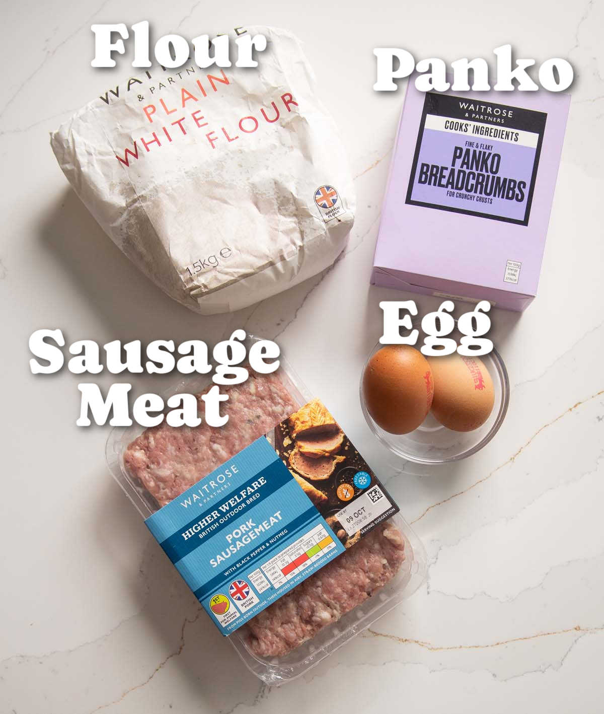 overhead shot of sausage schnitzel ingredients with text labels